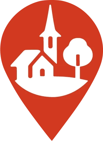 Logo von Gemeinde-Infoseiten Schweiz mit weisser Kirche und weissem Baum auf rotem Hintergrund